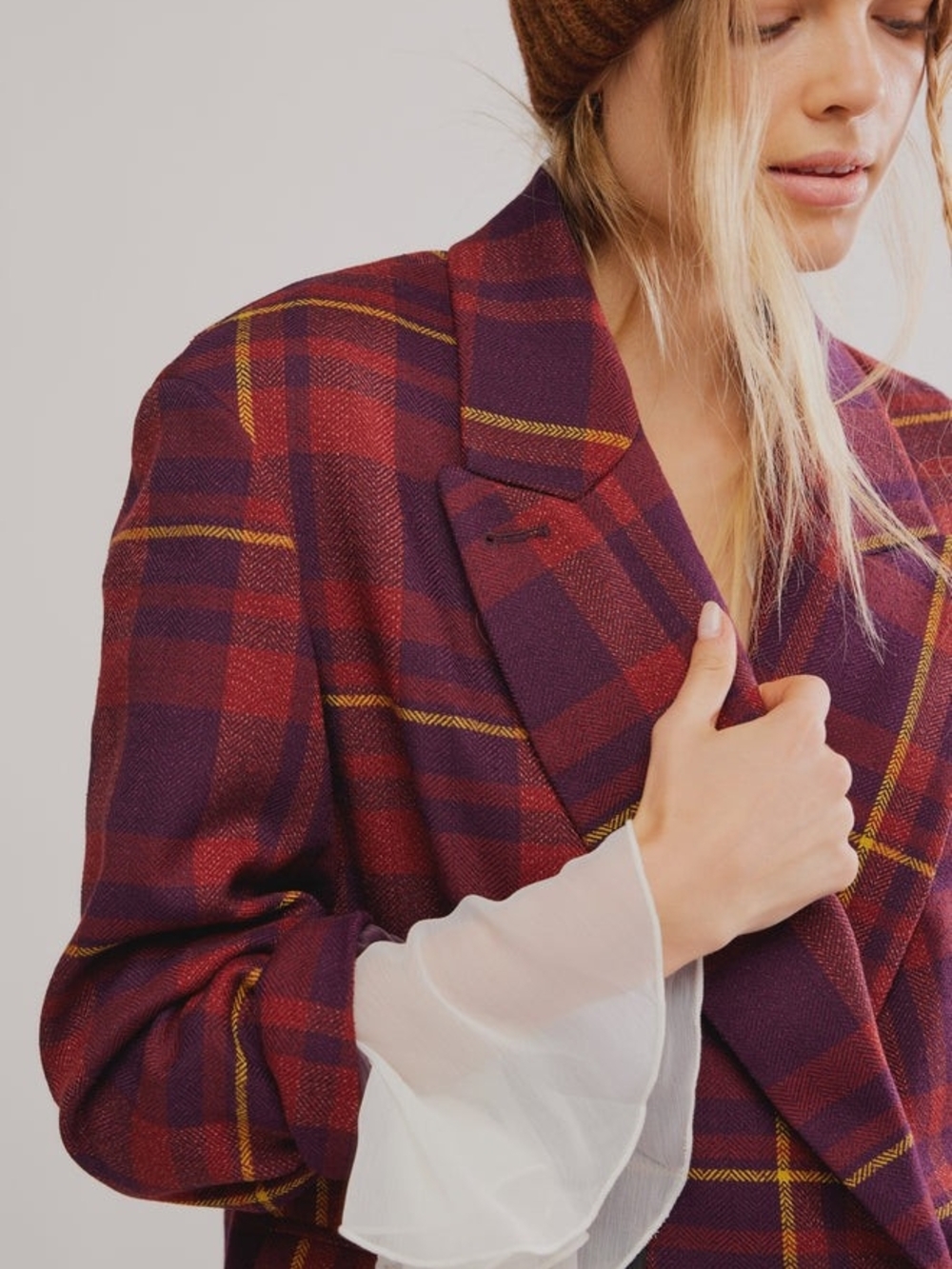 NWOT Free People Women's Plaid Blazer Jacket in Burgundy Red